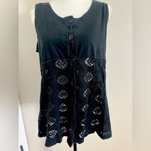 Vintage Boho Black Crochet Button Down Tunic Top OSFA